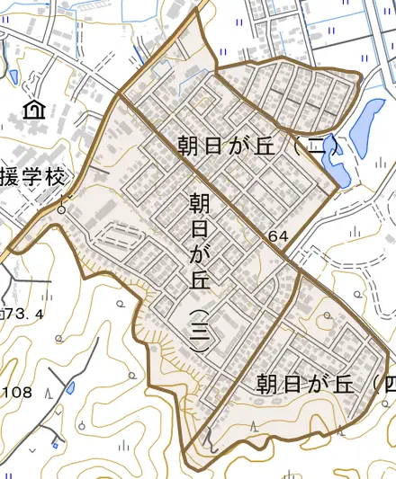 朝日が丘とその周辺の地図。町の範囲を重ねている