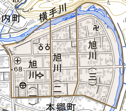 旭川とその周辺の地図。町の範囲を重ねている