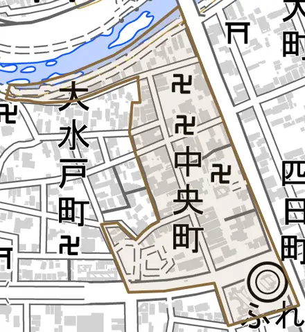 中央町とその周辺の地図。町の範囲を重ねている