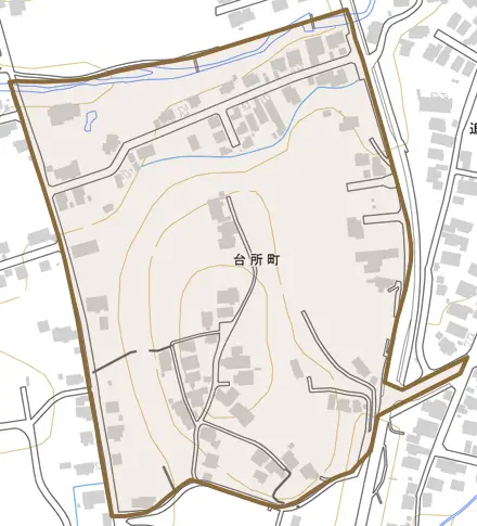 台所町とその周辺の地図。町の範囲を重ねている