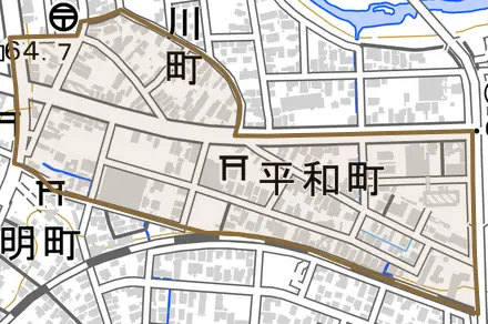 平和町とその周辺の地図。町の範囲を重ねている