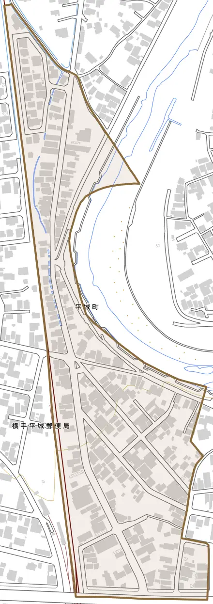 平城町とその周辺の地図。町の範囲を重ねている
