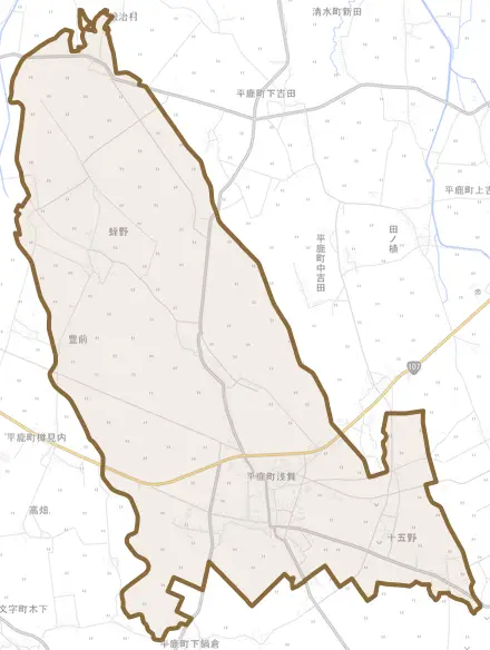 平鹿町浅舞とその周辺の地図。町の範囲を重ねている