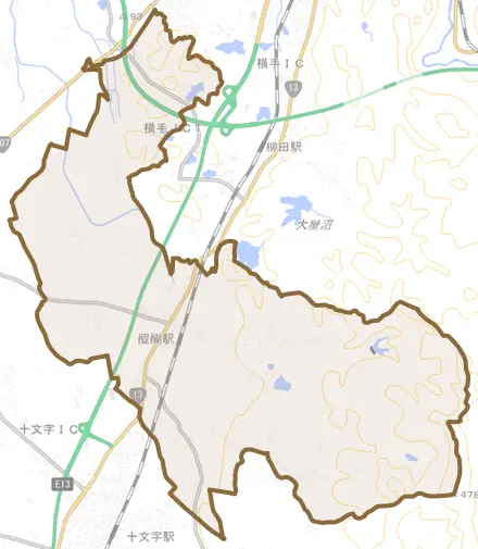 平鹿町醍醐とその周辺の地図。町の範囲を重ねている