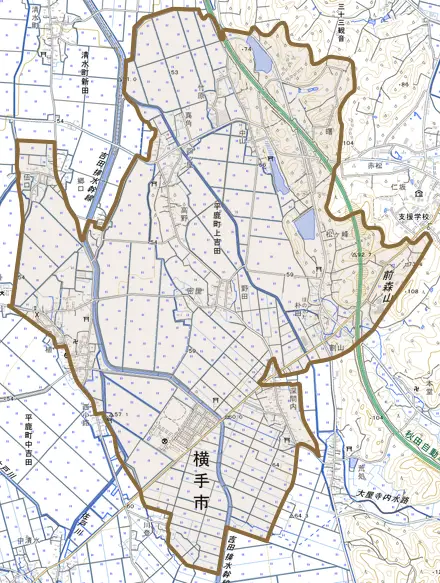 平鹿町上吉田とその周辺の地図。町の範囲を重ねている