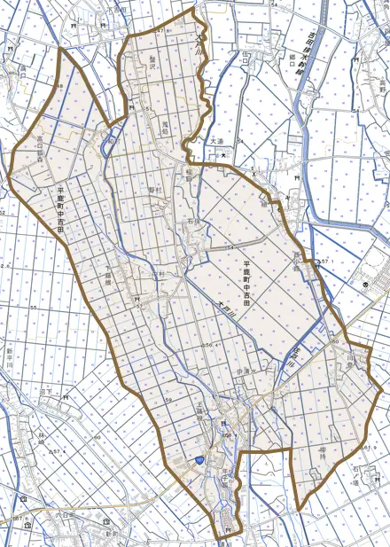 平鹿町中吉田とその周辺の地図。町の範囲を重ねている