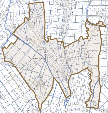 平鹿町下吉田とその周辺の地図。町の範囲を重ねている