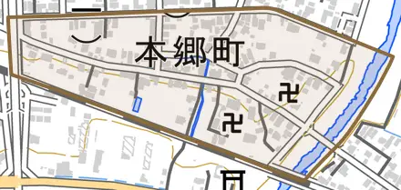 本郷町とその周辺の地図。町の範囲を重ねている