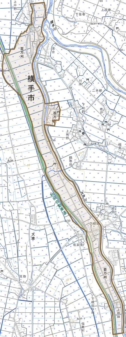 百万刈とその周辺の地図。町の範囲を重ねている