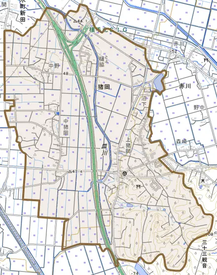 猪岡とその周辺の地図。町の範囲を重ねている