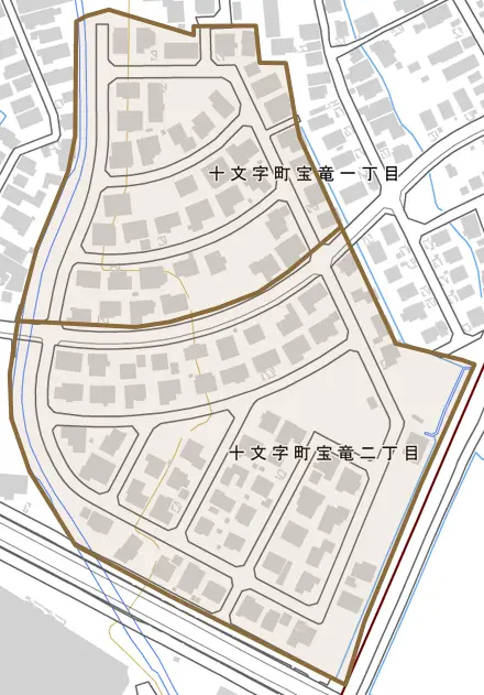 十文字町宝竜とその周辺の地図。町の範囲を重ねている