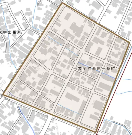 十文字町西原一番町とその周辺の地図。町の範囲を重ねている