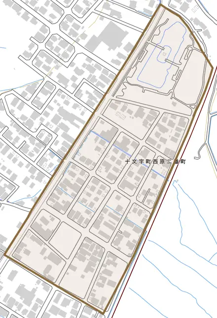 十文字町西原二番町とその周辺の地図。町の範囲を重ねている