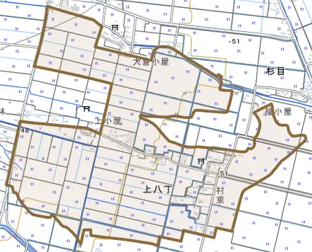 上八丁とその周辺の地図。町の範囲を重ねている