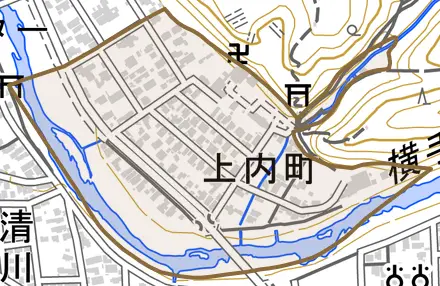 上内町とその周辺の地図。町の範囲を重ねている