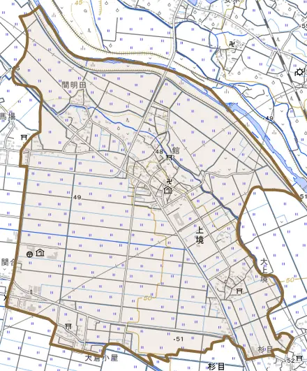 上境とその周辺の地図。町の範囲を重ねている