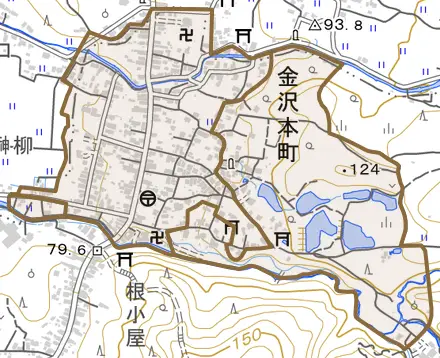 金沢とその周辺の地図。町の範囲を重ねている