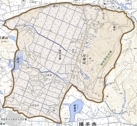 金沢中野とその周辺の地図。町の範囲を重ねている