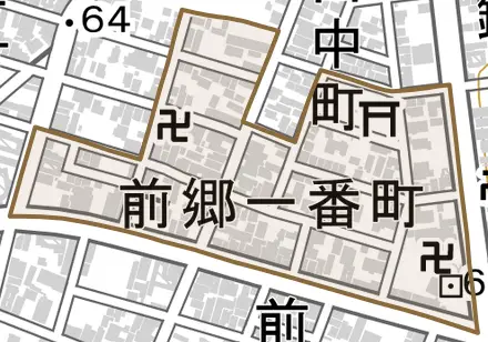 前郷一番町とその周辺の地図。町の範囲を重ねている
