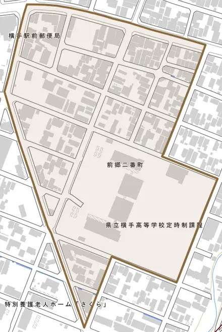 前郷二番町とその周辺の地図。町の範囲を重ねている