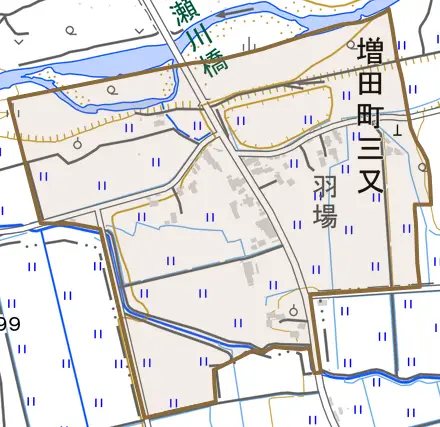 増田町三又とその周辺の地図。町の範囲を重ねている