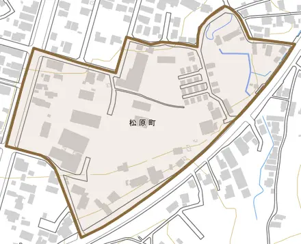 松原町とその周辺の地図。町の範囲を重ねている
