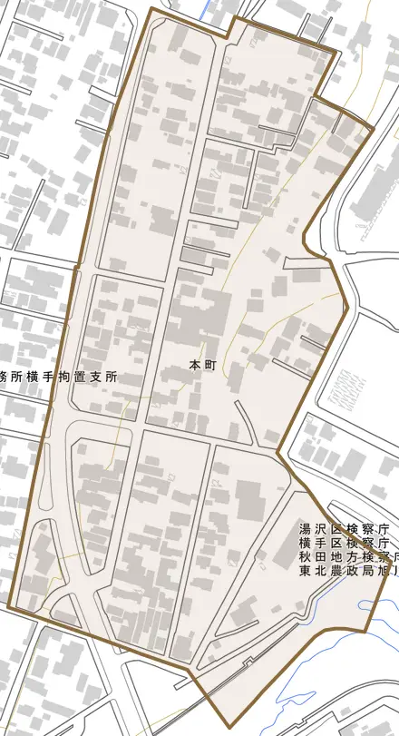 本町とその周辺の地図。町の範囲を重ねている