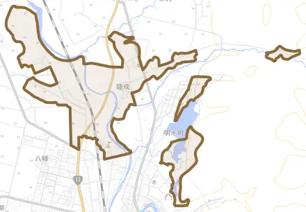 睦成とその周辺の地図。町の範囲を重ねている