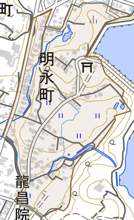 明永町とその周辺の地図。町の範囲を重ねている
