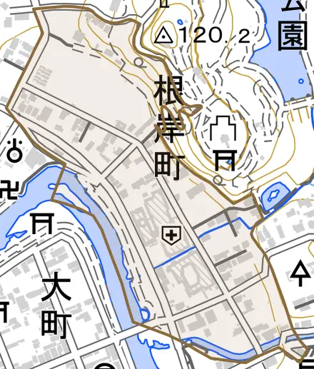 根岸町とその周辺の地図。町の範囲を重ねている