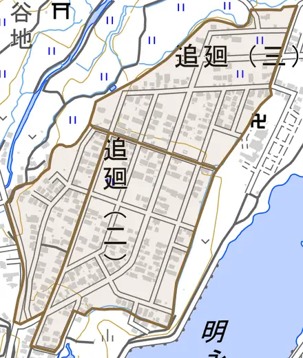 追廻とその周辺の地図。町の範囲を重ねている