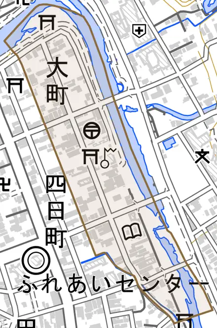 大町とその周辺の地図。町の範囲を重ねている