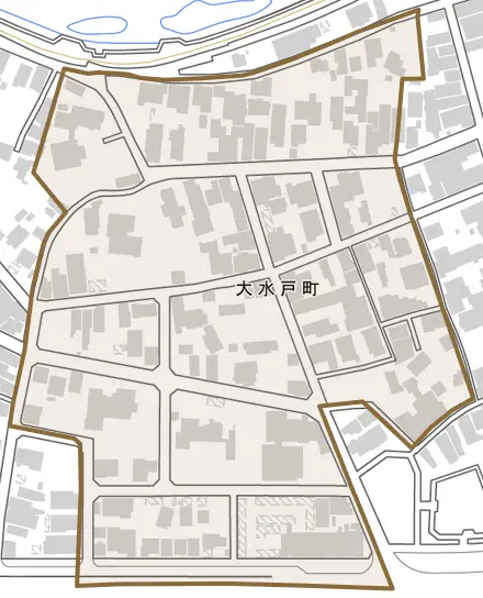 大水戸町とその周辺の地図。町の範囲を重ねている