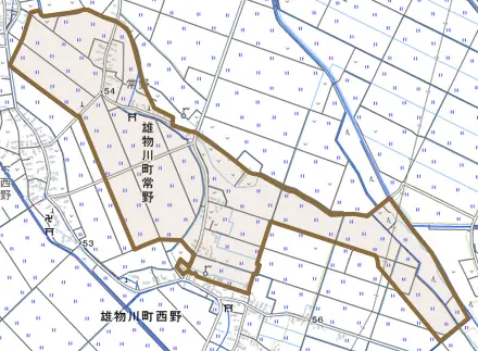 雄物川町常野とその周辺の地図。町の範囲を重ねている