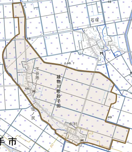 雄物川町砂子田とその周辺の地図。町の範囲を重ねている