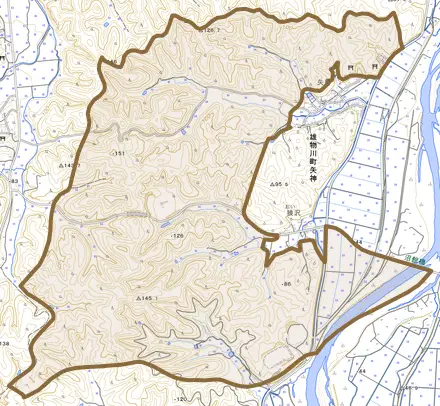 雄物川町矢神とその周辺の地図。町の範囲を重ねている