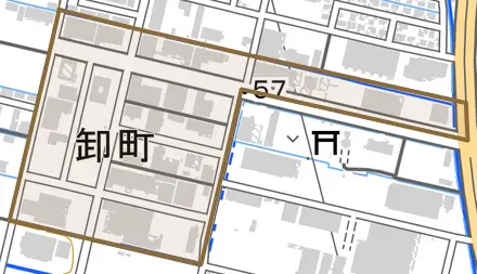 卸町とその周辺の地図。町の範囲を重ねている