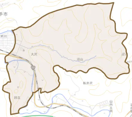 大沢とその周辺の地図。町の範囲を重ねている