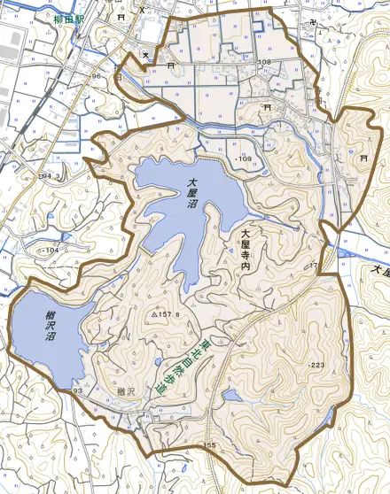 大屋寺内とその周辺の地図。町の範囲を重ねている
