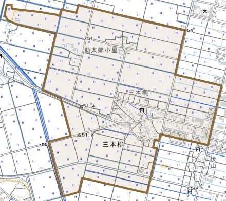 三本柳とその周辺の地図。町の範囲を重ねている