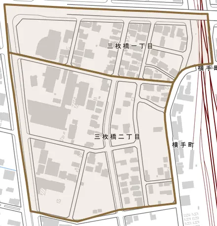 三枚橋とその周辺の地図。町の範囲を重ねている