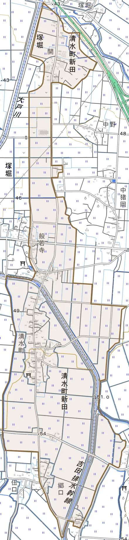 清水町新田とその周辺の地図。町の範囲を重ねている