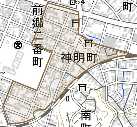 神明町とその周辺の地図。町の範囲を重ねている