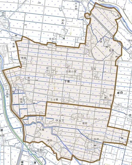下境とその周辺の地図。町の範囲を重ねている
