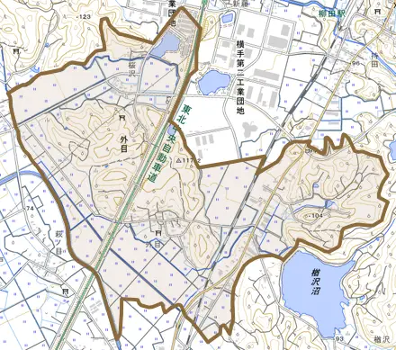 外目とその周辺の地図。町の範囲を重ねている