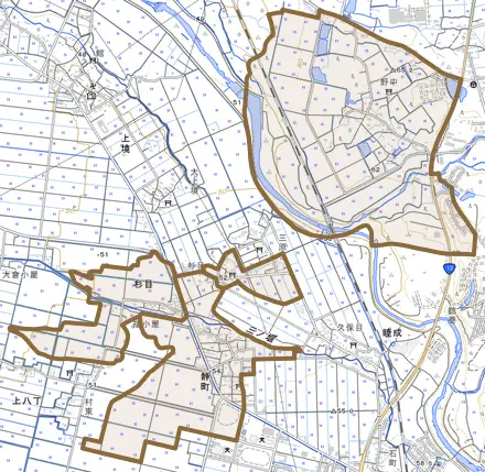 杉目とその周辺の地図。町の範囲を重ねている