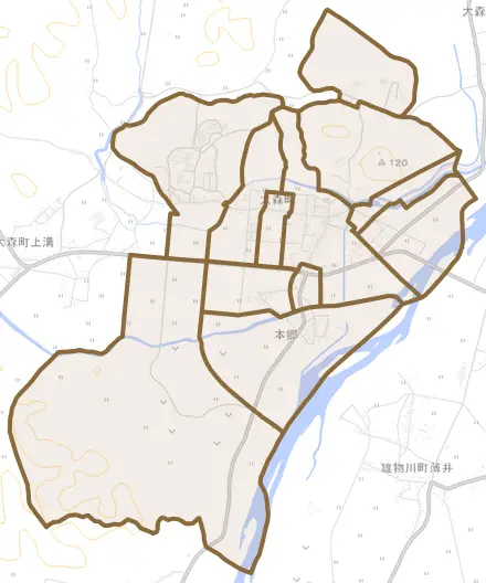 大森町とその周辺の地図。町の範囲を重ねている
