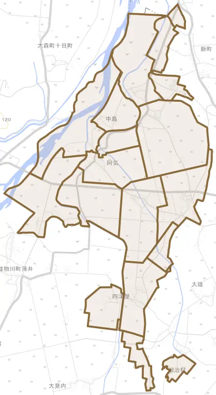 大雄とその周辺の地図。町の範囲を重ねている