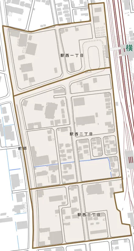 駅西とその周辺の地図。町の範囲を重ねている