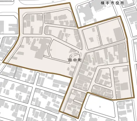 田中町とその周辺の地図。町の範囲を重ねている